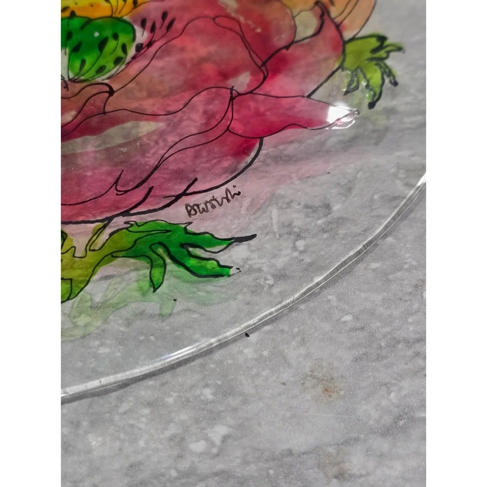 Hand painted‎ Signed Glass Salad Dessert Plates Reverse Floral Entomologist